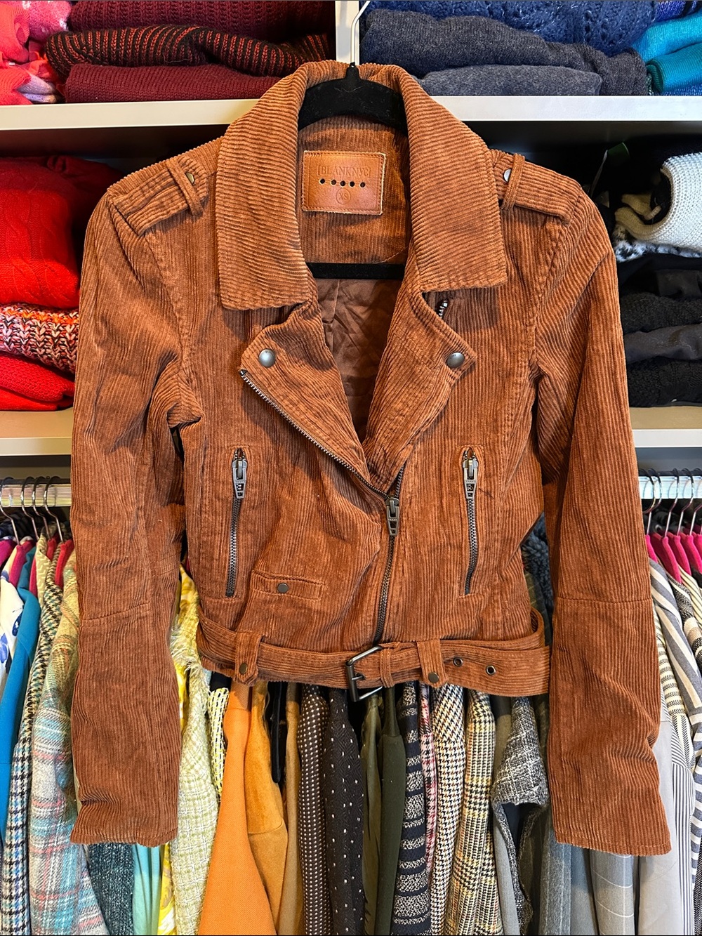Blank NYC brown long zipper detail sleeve belted corduroy moto jacket size XS